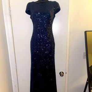 Navy blue, Sequence, long prom dress, cap sleeve